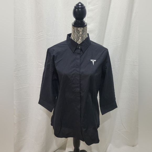 Tesla Tops - Tesla Women's button down dress shirt tapered Med 3/4 sleeve Black Sz Large